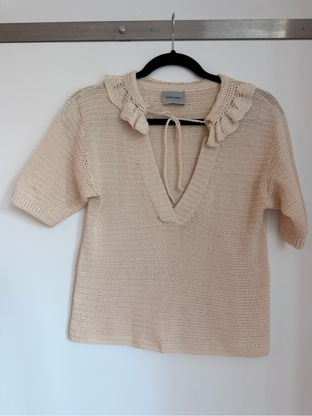 Rachel Comey Bea Cream Knit Ruffle Collar Short Sleeve Top